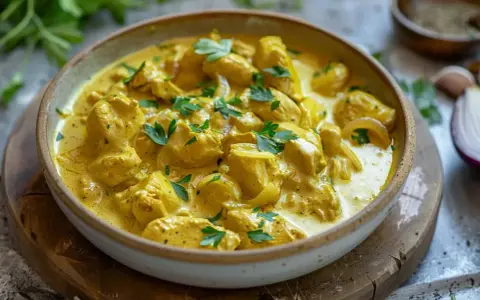 En krämig kycklinggryta med lök och persilja, perfekt för ett snabbt currysås recept.