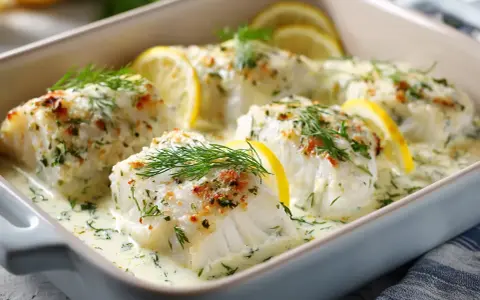 Ugnsbakad torsk i krämig sås med citron och dill. En härlig rätt som passar perfekt till middagen.