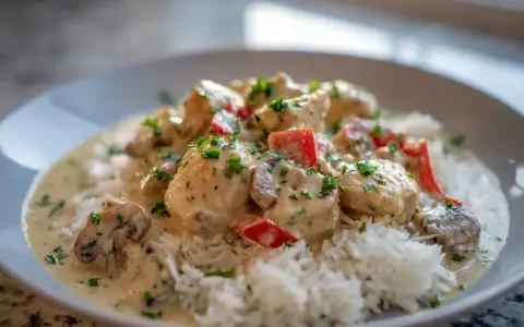En krämig chicken ala king med ris, toppad med persilja och bitar av röd paprika.