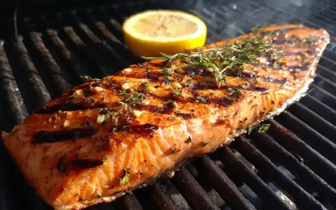 En saftig grillad laxsida med örter och en citronskiva på grillen. Röken stiger och doften sprider sig.