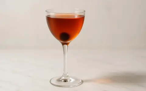 En klassisk manhattan drink med körsbär i ett elegant glas.