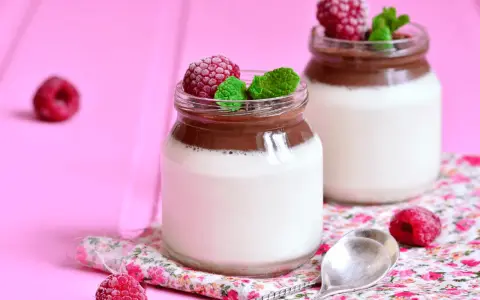 Två glas med choklad- och vaniljpannacotta, toppade med hallon och mynta. Perfekt som dessertvin till pannacotta.