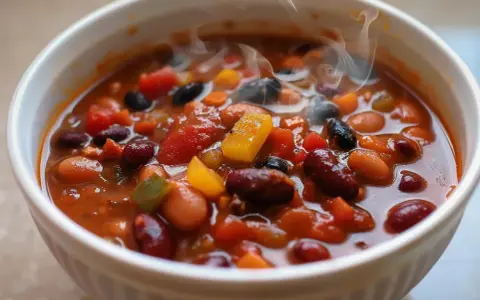 Varm och ångande chili sin carne i en vit skål, full av bönor, tomater och paprika. En härlig vegetarisk rätt.