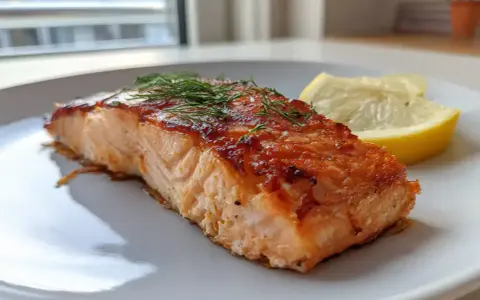 En saftig laxfilé med krispig yta, toppad med dill och serverad med citronklyftor. Perfekt lax med citronsås!