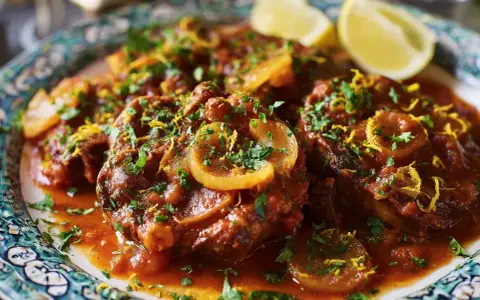 En tallrik med mustig osso buco, garnerad med citron och persilja.