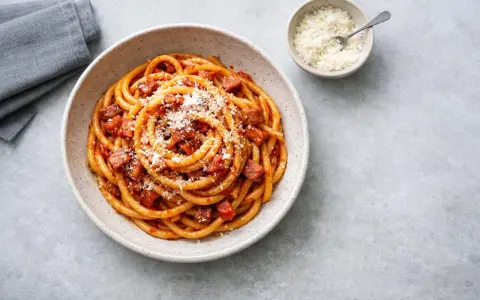 En skål med rörig pasta amatriciana, toppad med riven ost. En liten skål med mer ost och en grå servett syns bredvid.