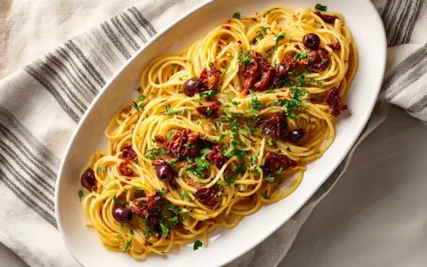 En skål med spaghetti, toppad med soltorkade tomater, svarta oliver och färsk persilja. En härlig pasta puttanesca!