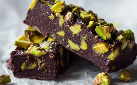 Mörk chokladfudge med pistagenötter, perfekt för ett dubai choklad recept.