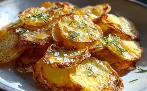 Krispiga, gyllene skivor av råstekt potatis toppas med flingsalt och färsk dill. En härlig sidorätt som passar till det mesta.