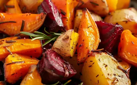 Ugnsrostade rotfrukter med rosmarin. En härlig blandning av potatis, morötter och rödbetor som fått en gyllene yta i ugnen.