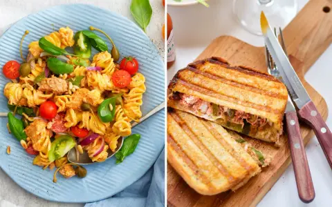 Två läckra recept med tonfisk på burk: en pastasallad med körsbärstomater och kapris, samt en grillad toast med tonfiskröra.
