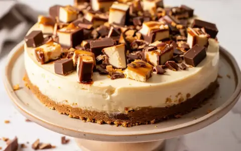 En krämig daim cheesecake toppad med bitar av choklad och karamell. En dröm för alla som älskar daim.