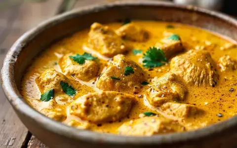 En krämig kycklingrätt i en skål, perfekt för ett enkelt kyckling recept. Garnerad med färsk koriander.
