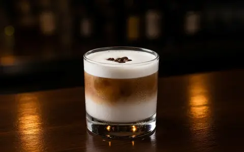 En krämig White Russian med kaffebönor på toppen, serverad i ett glas på en mörk träyta.