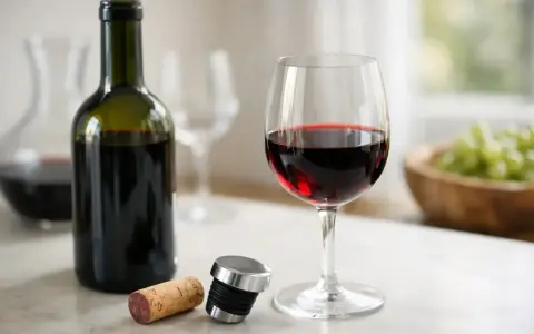 En flaska rött vin, ett glas fyllt med vin, en kork och en vinpropp. Frågan är, kan vin bli gammalt?