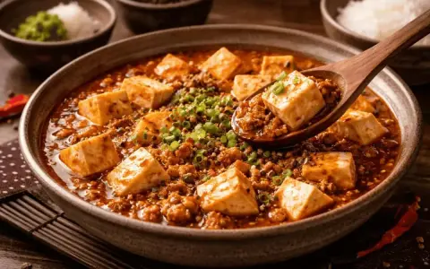 En sked lyfter upp en bit mapo tofu från en skål med kryddig gryta, toppad med salladslök.
