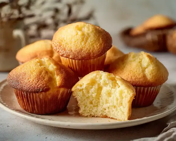 En tallrik med fluffiga muffins, perfekt för ett enkelt muffins recept. En muffin är delad och visar en mjuk insida.