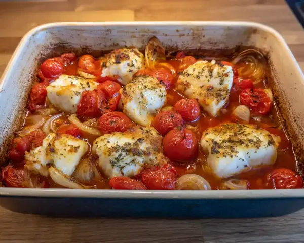 Läckert fisk i ugn med körsbärstomater och lök, doftande av örter. Enkel och god middag.