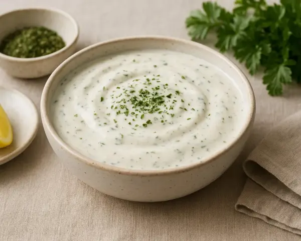 En skål med krämig ranch dressing, garnerad med persilja, bredvid en citronklyfta och en liten skål med torkade örter.