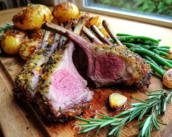 Saftig lammracks med örtpanering, serverad med rostade potatisar och gröna bönor. Ett perfekt lammracks recept för en festmåltid.