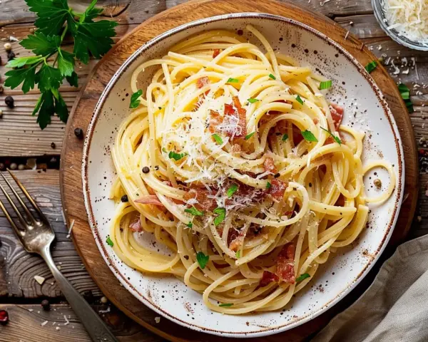 En tallrik krämig spaghetti carbonara, ett klassiskt pasta recept, toppad med parmesan och persilja.
