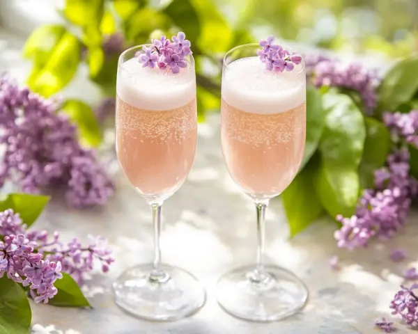 Två glas med rosa bubbel, dekorerade med syrenblommor. Perfekt för ett syrensirap recept.