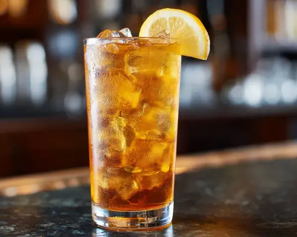Ett glas Long Island Iced Tea med is och en citronskiva, redo att avnjutas vid en bar.