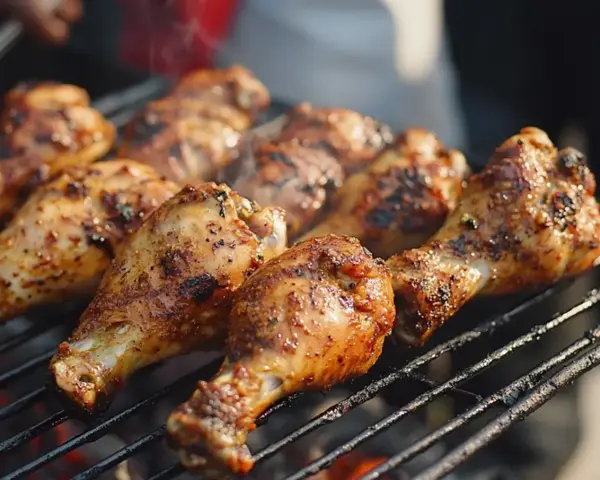 Grillade kycklingklubbor med kryddig jerk chicken-marinad som ryker över glöden.