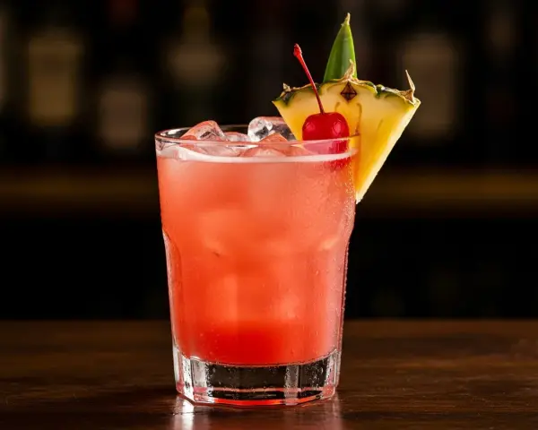 En rosa Singapore Sling med is, garnerad med en körsbär och ananasskiva.