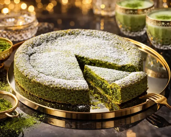 En saftig vit kladdkaka med matcha, pudrad med florsocker. Serveras med matcha latte och gyllene detaljer.