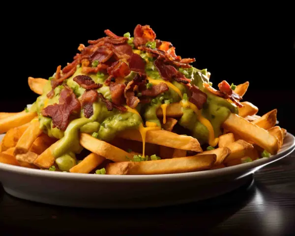 En hög med pommes frites toppad med krämig avokadosås, ost och knaprigt bacon. Dessa "dirty fries" ser otroligt goda ut!