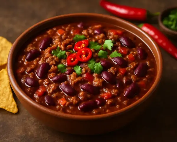 En skål med mustig chili con carne, toppad med färsk chili och koriander. Tortillachips och hela chilifrukter i bakgrunden.