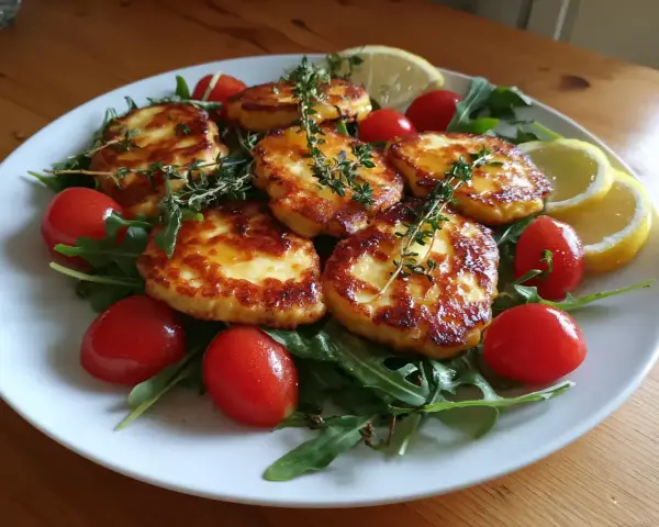Stekt halloumi med körsbärstomater, ruccola och citron. Ett enkelt och gott halloumi recept som passar perfekt som förrätt eller lätt lunch.