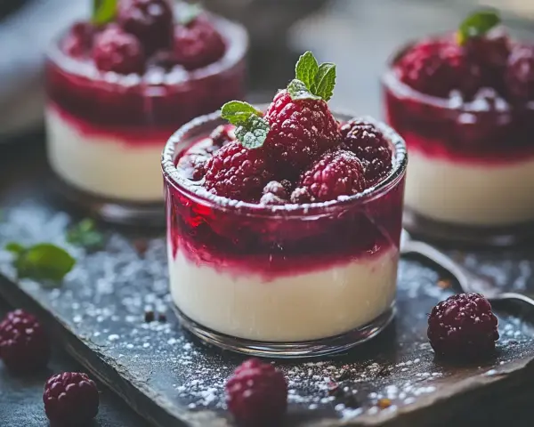 Tre glas med krämig panna cotta toppad med hallon och mynta, pudrad med florsocker.