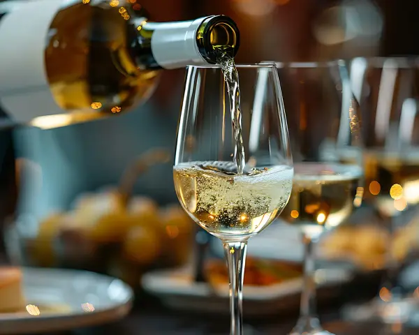 Vitt vin hälls upp i ett glas, perfekt för matlagning eller en festlig middag.