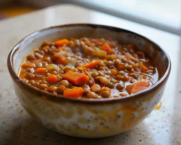 En skål med mustig linsgryta med morötter, perfekt för ett enkelt linsgryta recept.