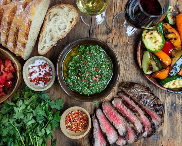 En saftig biff med grillade grönsaker, färskt bröd och en härlig chimichurri. Perfekt för en sommarkväll!