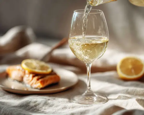 Ett glas vitt vin hälls upp, perfekt vin till lax. En citronskiva vilar på den saftiga fisken.