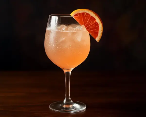 En uppfriskande paloma drink med is och en apelsinskiva som garnering, serverad i ett elegant glas.