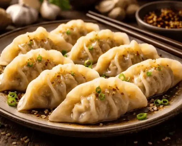 En tallrik med åtta gyllene dumplings, toppade med grön lök och sesamfrön. Perfekt för ett dumplings recept!
