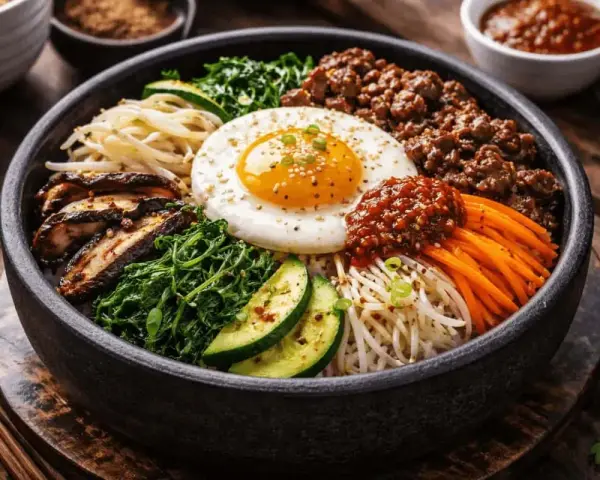 En vacker skål med bibimbap, fylld med ris, grönsaker, köttfärs och ett stekt ägg. Perfekt för ett snabbt och gott bibimbap recept.