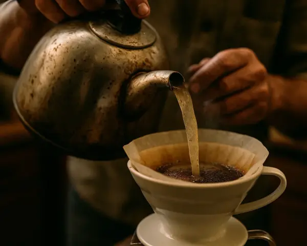Här hälls varmt vatten över kaffepulver i ett filter. Ett perfekt iskaffe recept börjar med omsorgsfull bryggning.