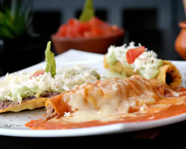 Enchiladas och en tostad med ost, guacamole och kött. En härlig tallrik med mexikansk mat som ser utsökt ut.