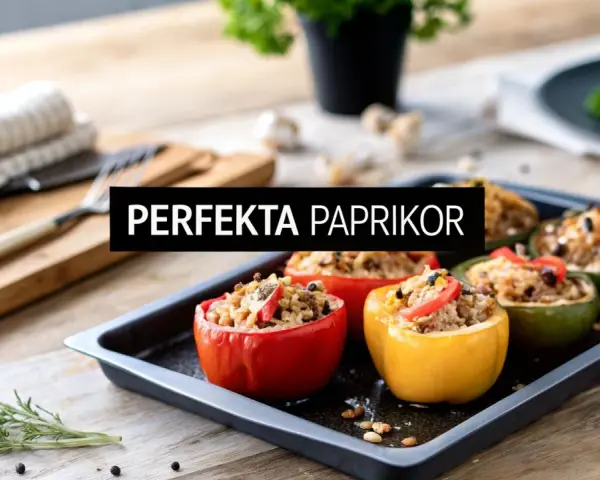 Fyllda paprikor med ris och grönsaker på en plåt, redo att tillagas.