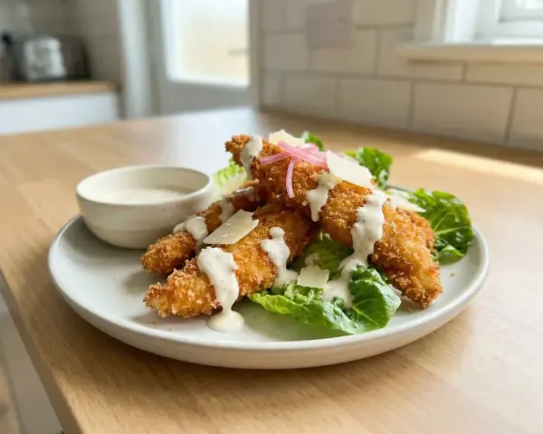 Krispiga bitar av panerad kyckling serveras med sallad, parmesan och en krämig dressing. En härlig rätt som passar perfekt till lunch eller middag.