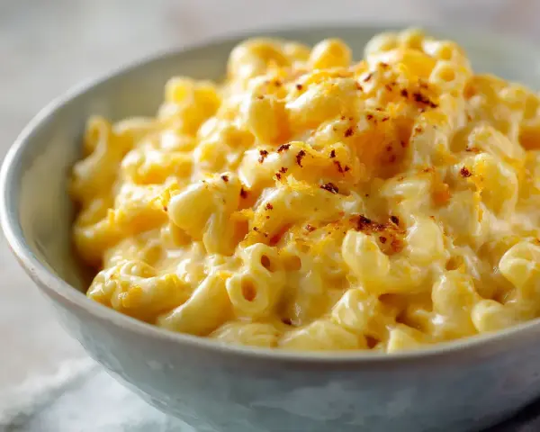 En skål med krämig mac and cheese, toppad med riven ost och lite kryddor. Perfekt comfort food!