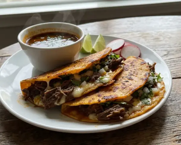 Ångande birria tacos med smält ost, lök och koriander. Serveras med en skål consommé, limeklyftor och rädisor.