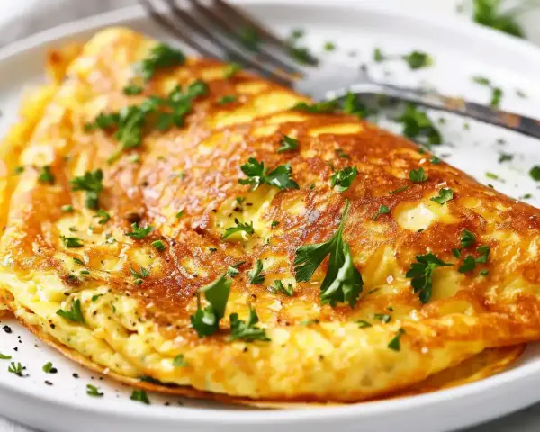En gyllene fransk omelett, perfekt tillagad och garnerad med färsk persilja. En klassiker som alltid smakar gott.