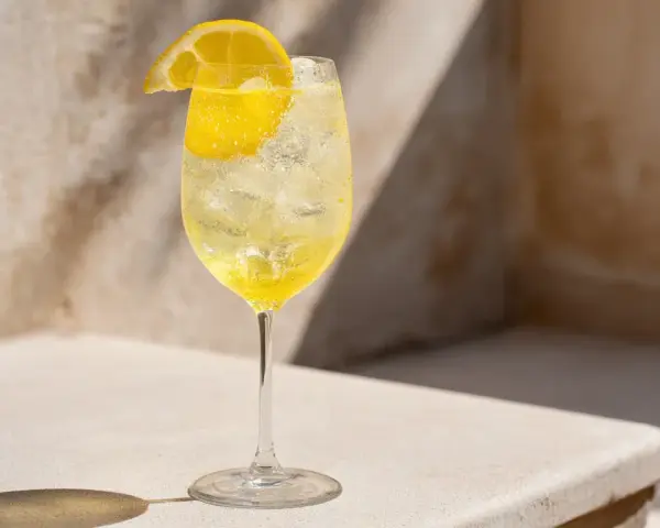 Ett glas med is och en citronskiva, perfekt för ett uppfriskande limoncello recept.