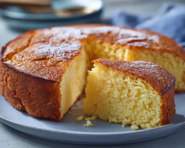 En saftig glutenfri sockerkaka, pudrad med florsocker, ligger på en grå tallrik. En bit är uppskuren.